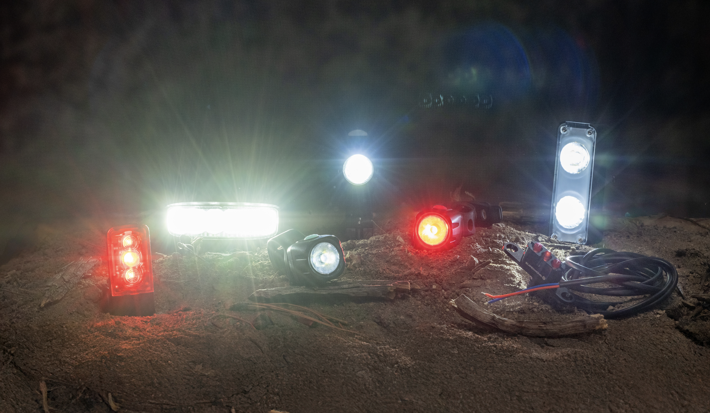 An array of bike lights in night mode